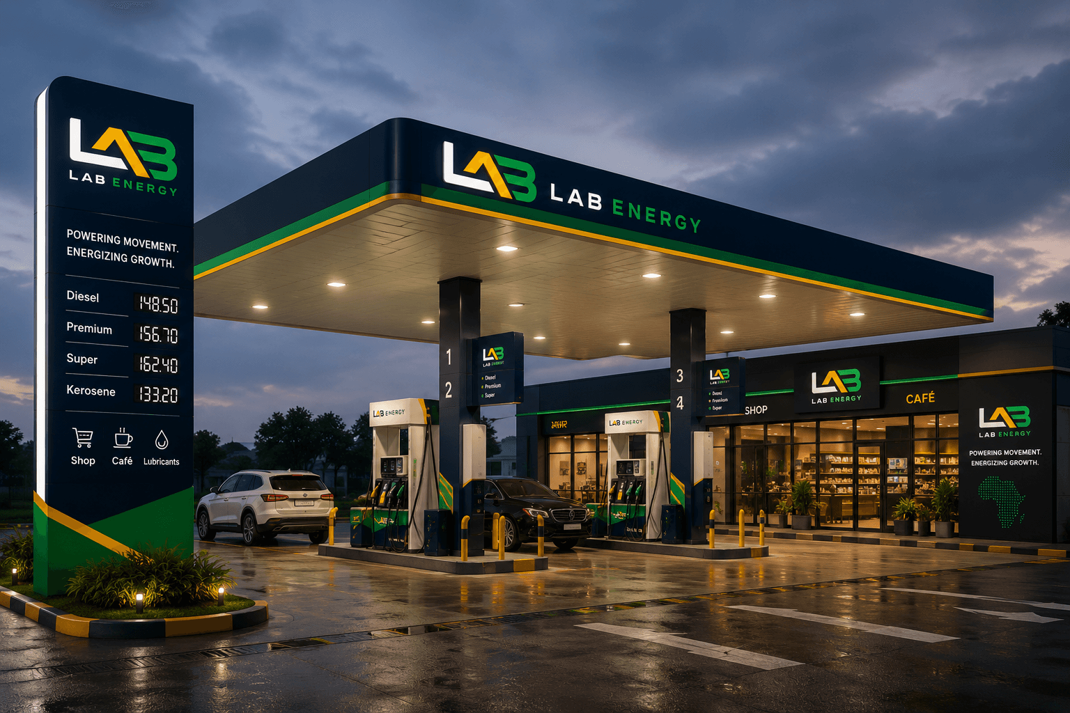 LAB Energy fuel station forecourt at dusk